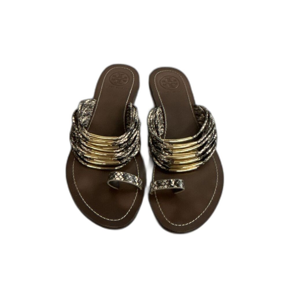 Tory Burch Mignon Snakeskin Leather Flat Strappy Toe Loop Sandals Shoes 9.5M
